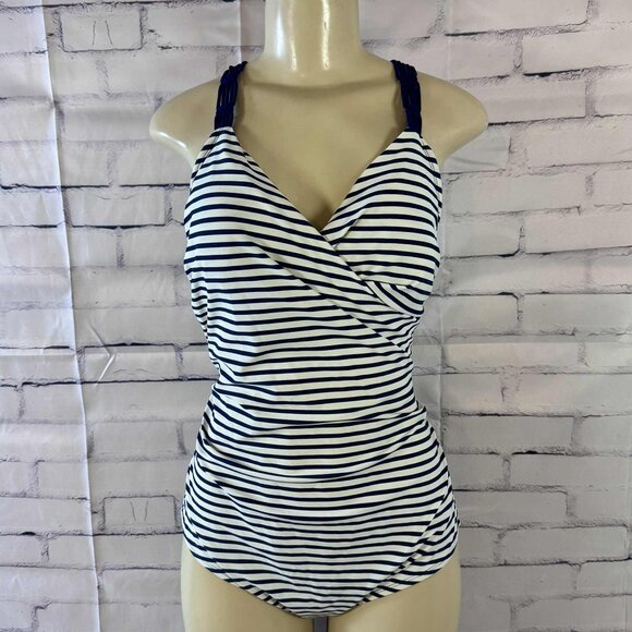 Kona Sol Navy & White Striped One-Piece Swimsuit – Size XL - Picture 1 of 11